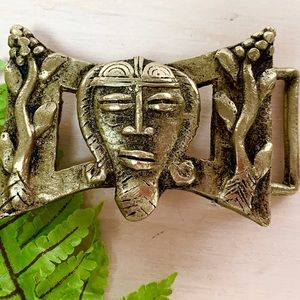 Vintage Brass-Tone Tribal Mask Belt Buckle
